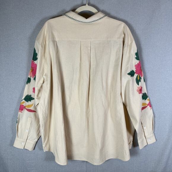 Sezane Maxy Top Shirt Oversized Beige Fits 16 & Up Floral Embroidered Button Up - Picture 4 of 15